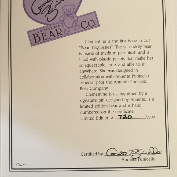 Annette Funicello Collectible Bear Clementine Limited Edition Authenticity Cert - Picture 7 of 8